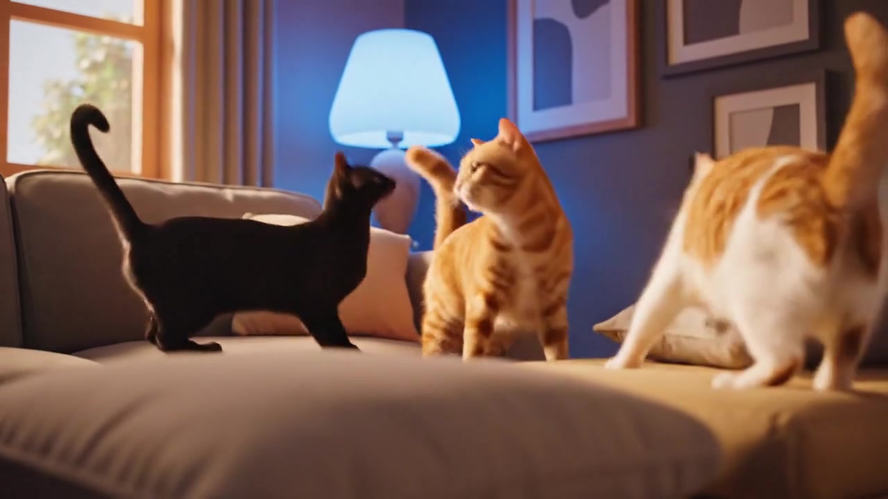 Playful cats dancing together in a sunlit room